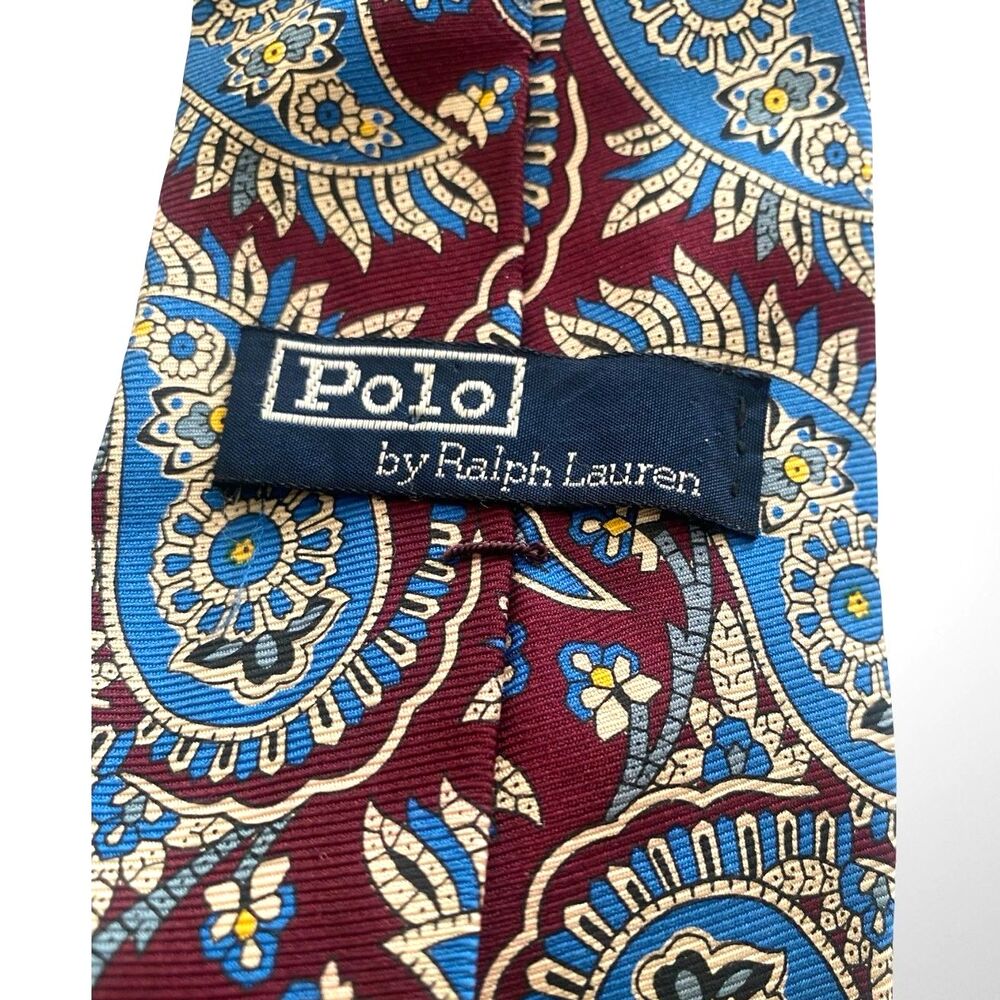 VTG Polo Ralph Lauren Silk Tie Paisley Maroon Blue Geometric Preppy Ivy Handmade